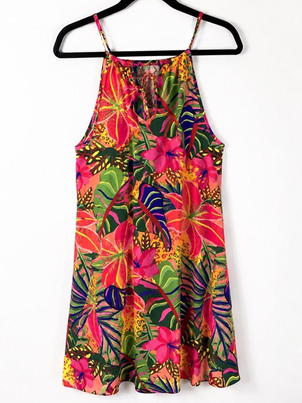 SHEIN Dress Women L Tropical Floral Jungle Print Halter Tie Neck Midi - Picture 2 of 10